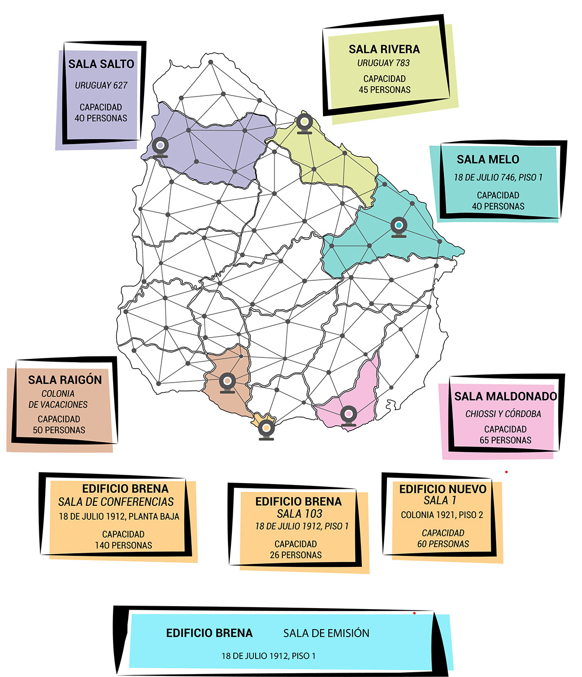 Mapa de Uruguay con salas de videoconferencia